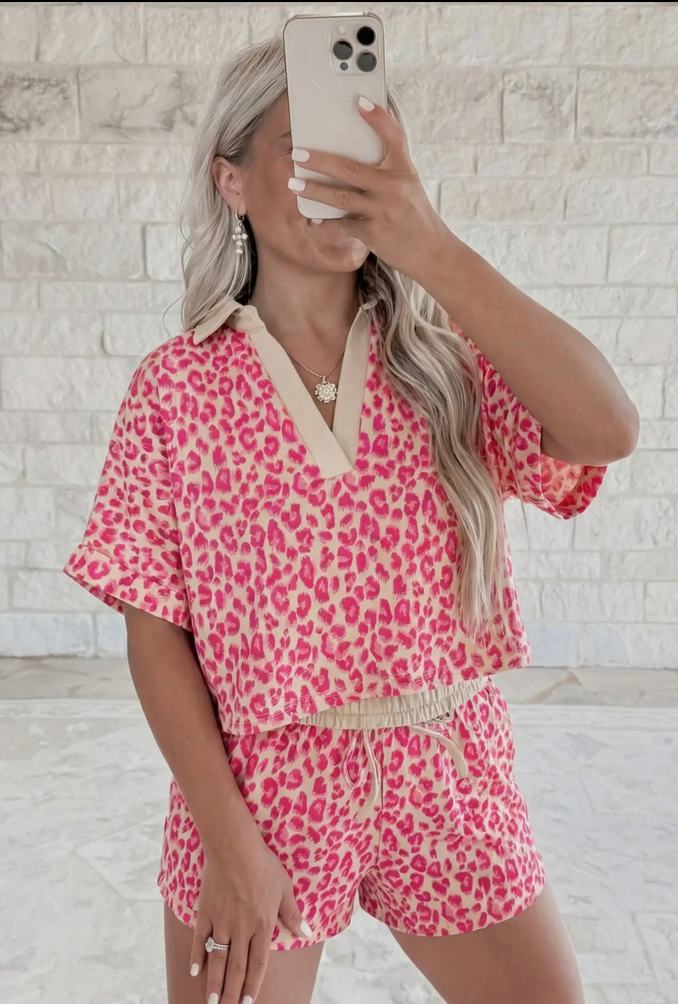 Pink leopard short set